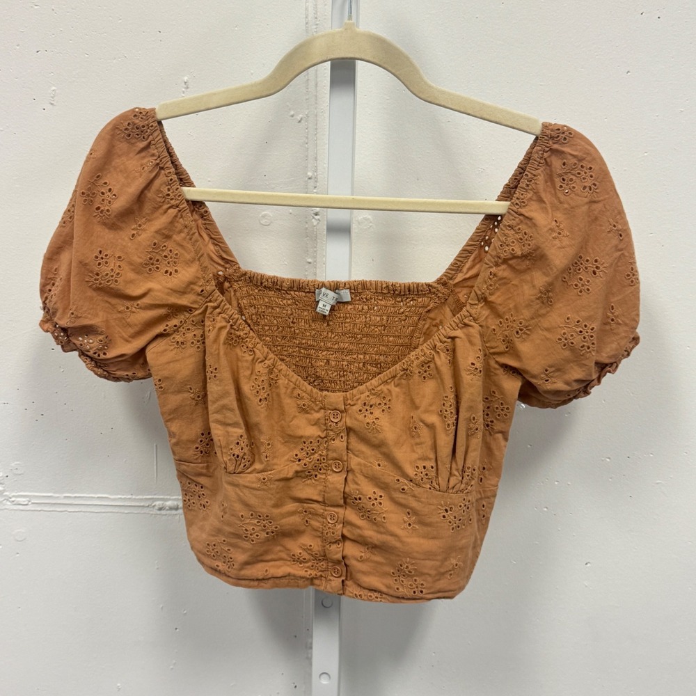 Love Tree Terracotta Rust Eyelet Button Front Smocked Crop‎ Top Blouse Medium
